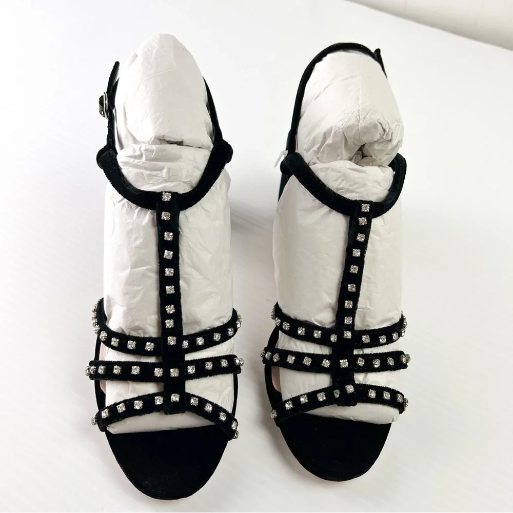 LOEFFLER RANDALL Sandal Womens 7.5  Black Elena Strappy Velvet Block-Heel Shoes